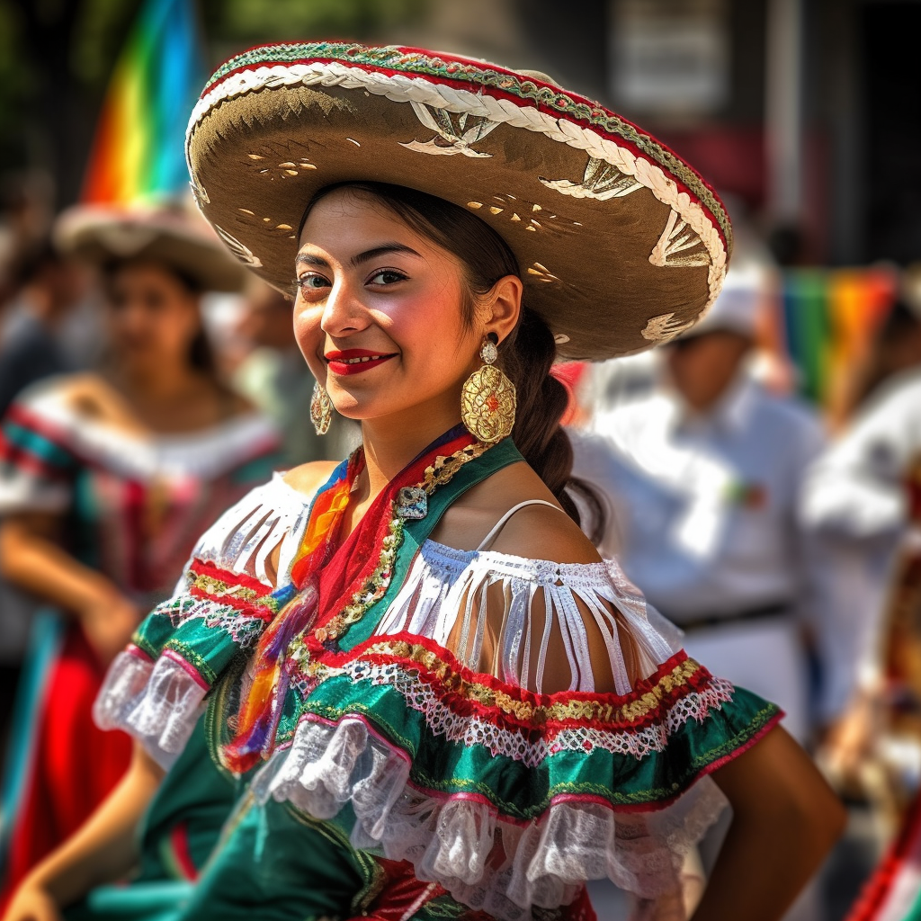 Picture of a Traditionally dressed Mexican Lady, with the typical Mexican straw hat, big golden earrings, traditional dress to the colours of Mexico's Flag, green, white and red