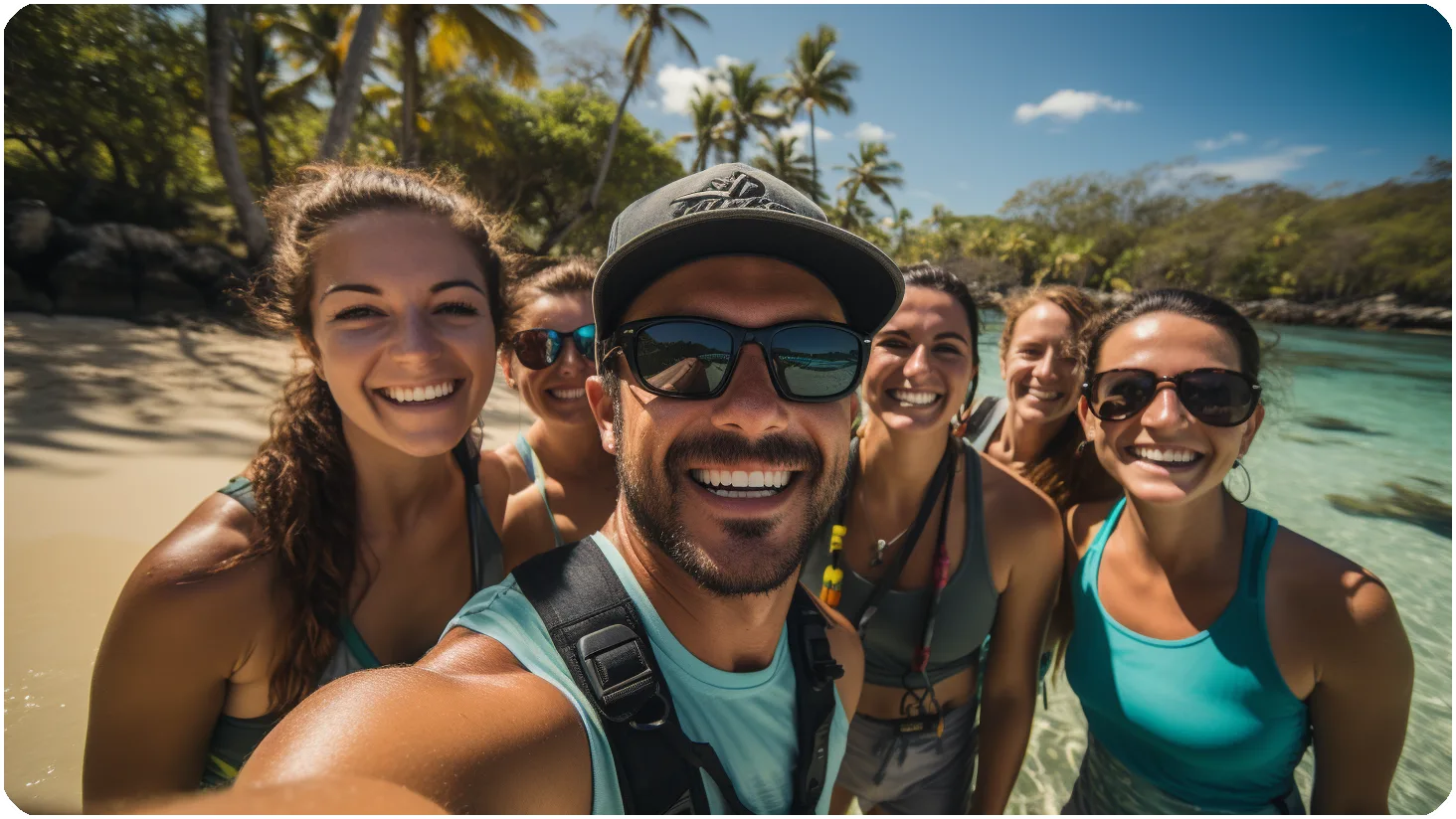 Group of people on a beach taking a selfie